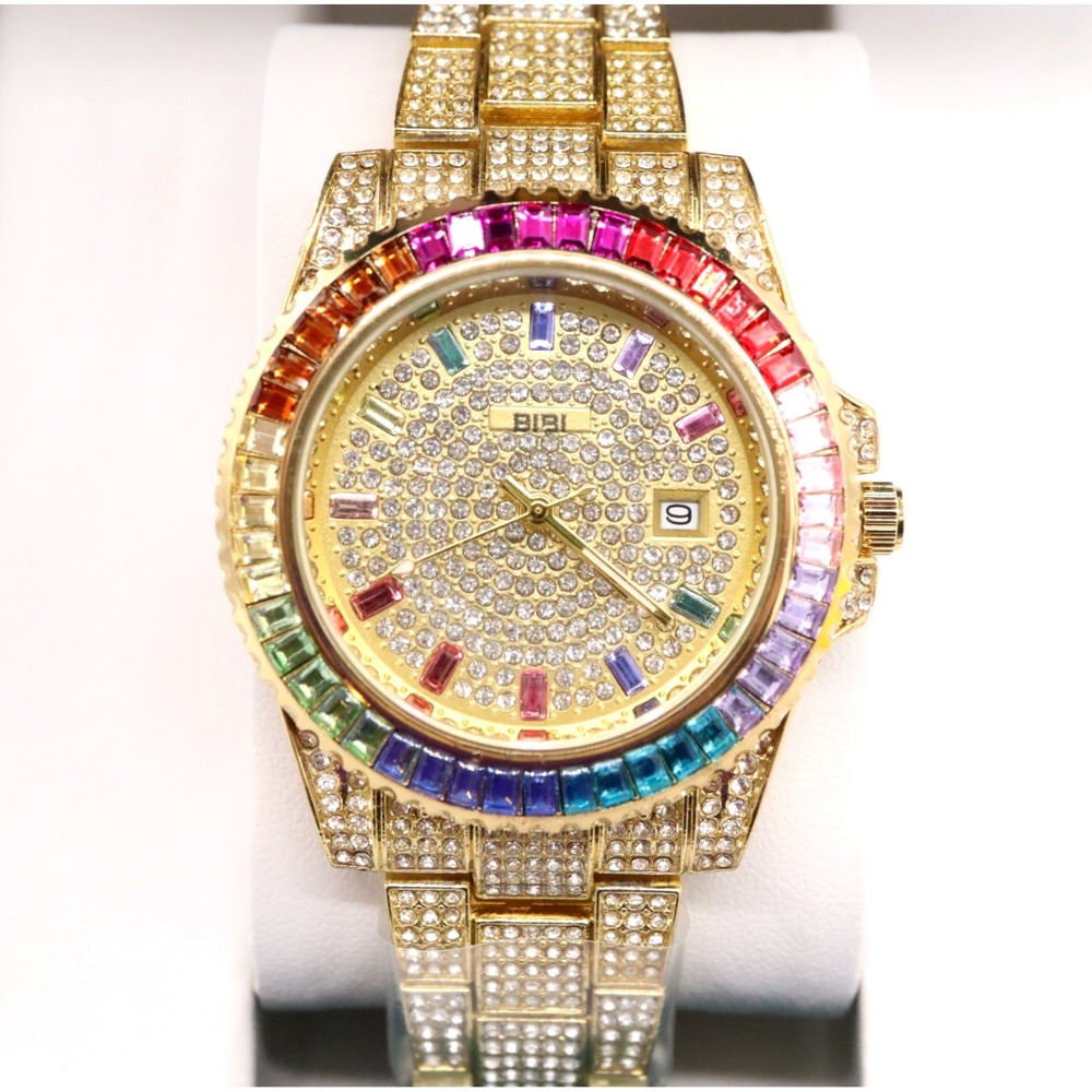 Bibii Luxury Watch Iced Out Pave Rainbow Watch Gold Tone T1188